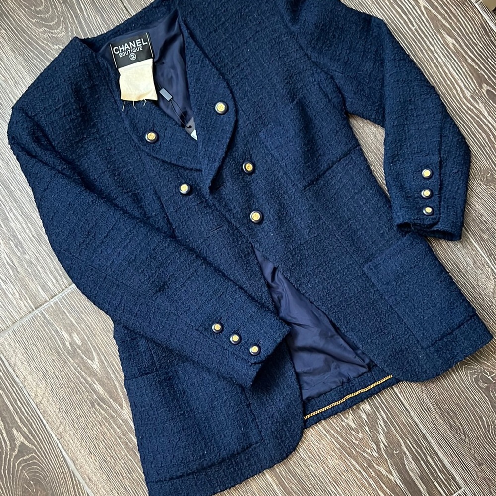 Chanel vintage blazer jacket navy tweed size 46